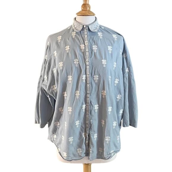 Khaadi Cotton Light Blue Embroidered Button Down 3/4 Sleeve Shirt Size 10 - Picture 1 of 11